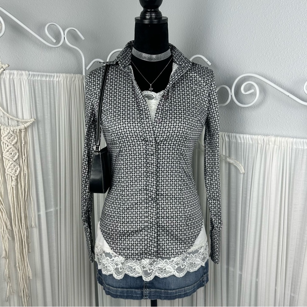 New York & Company Stretch Cotton Black White and Gray Button Down Shirt